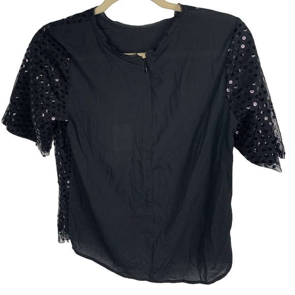 NWT Who What Wear Sequin Short Sleeve Sheer Top | Black | Women’s Size XS - Picture 3 of 11